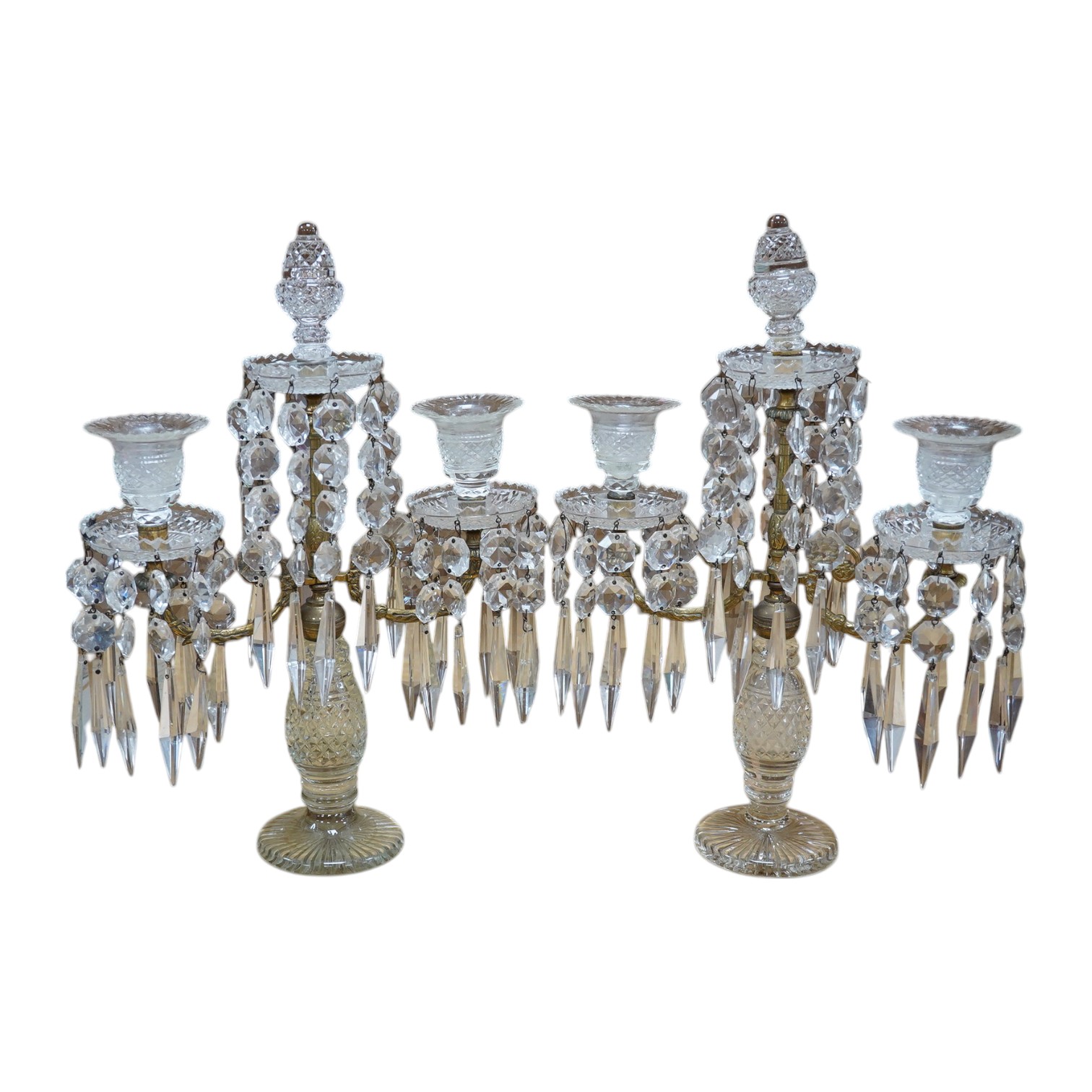 A pair of 19th century cut glass lustre drop candelabra, 42cm high. Condition - fair to good